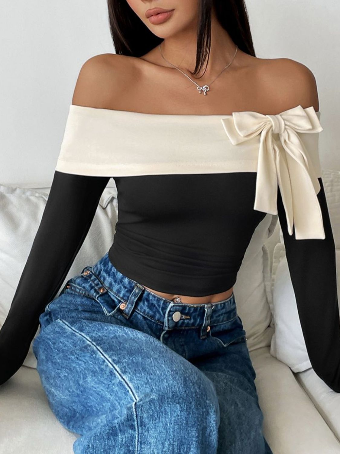 Perfee Bow Contrast Off-Shoulder Long Sleeve Top - HelenPam