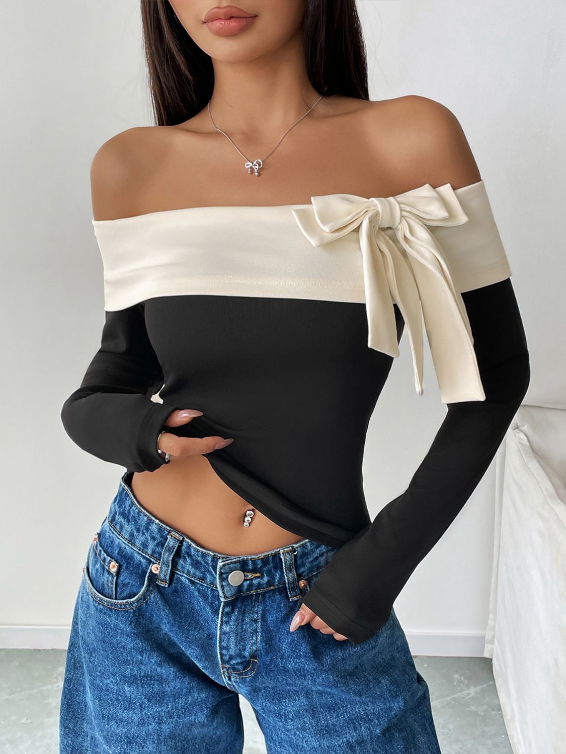 Perfee Bow Contrast Off-Shoulder Long Sleeve Top - HelenPam