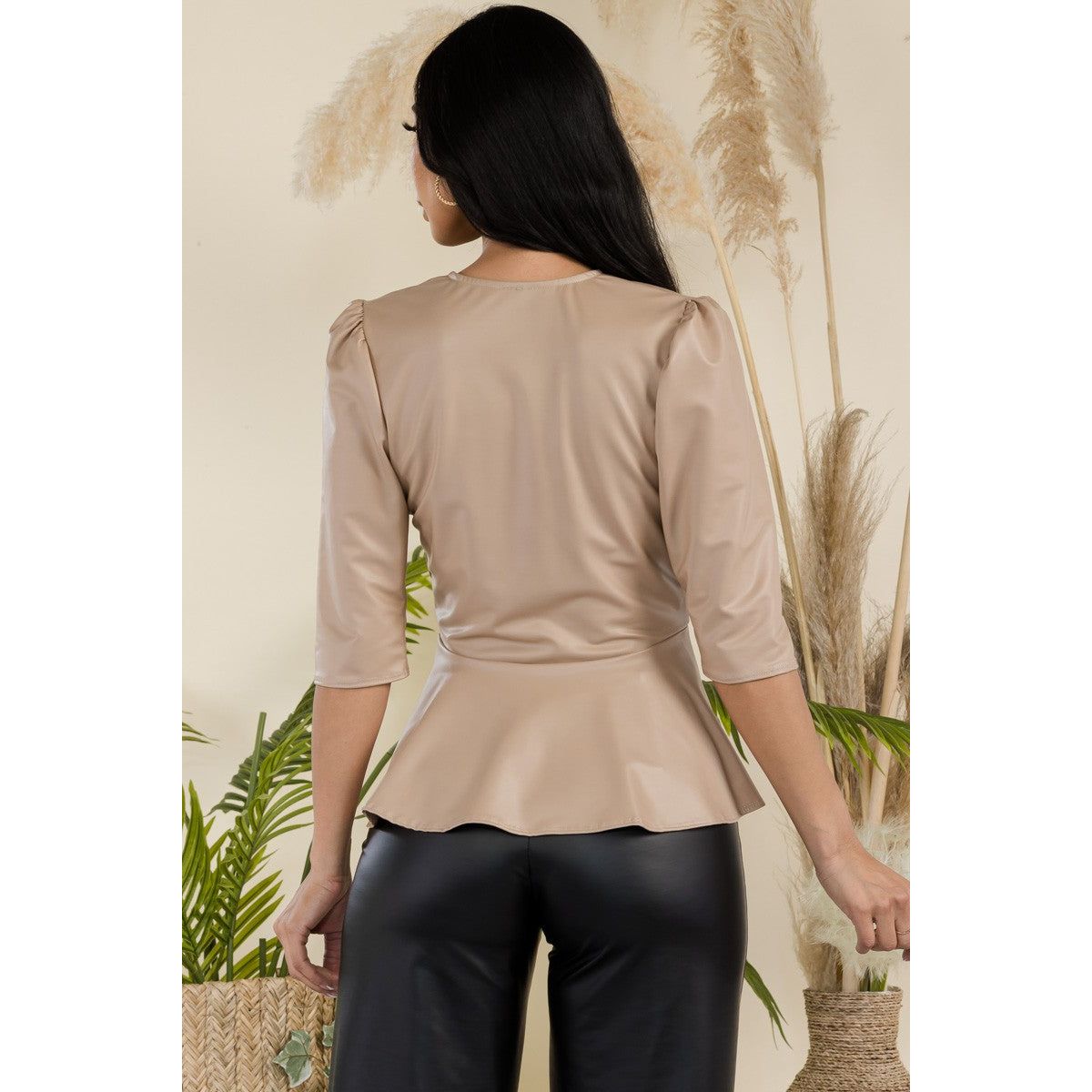 Leather V Neck Fashion Top - HelenPam