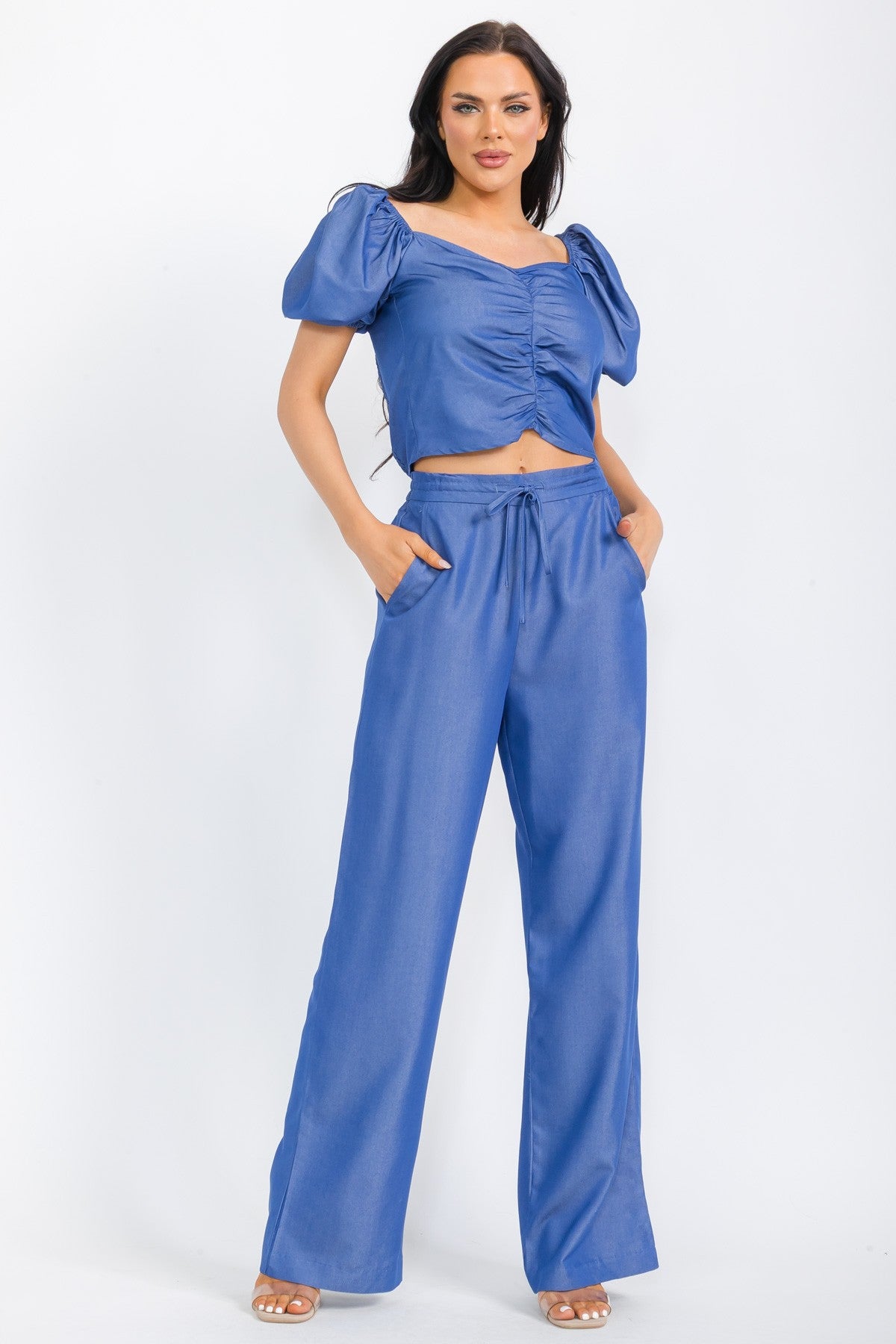 Denim Puffed Shoulder Top - HelenPam