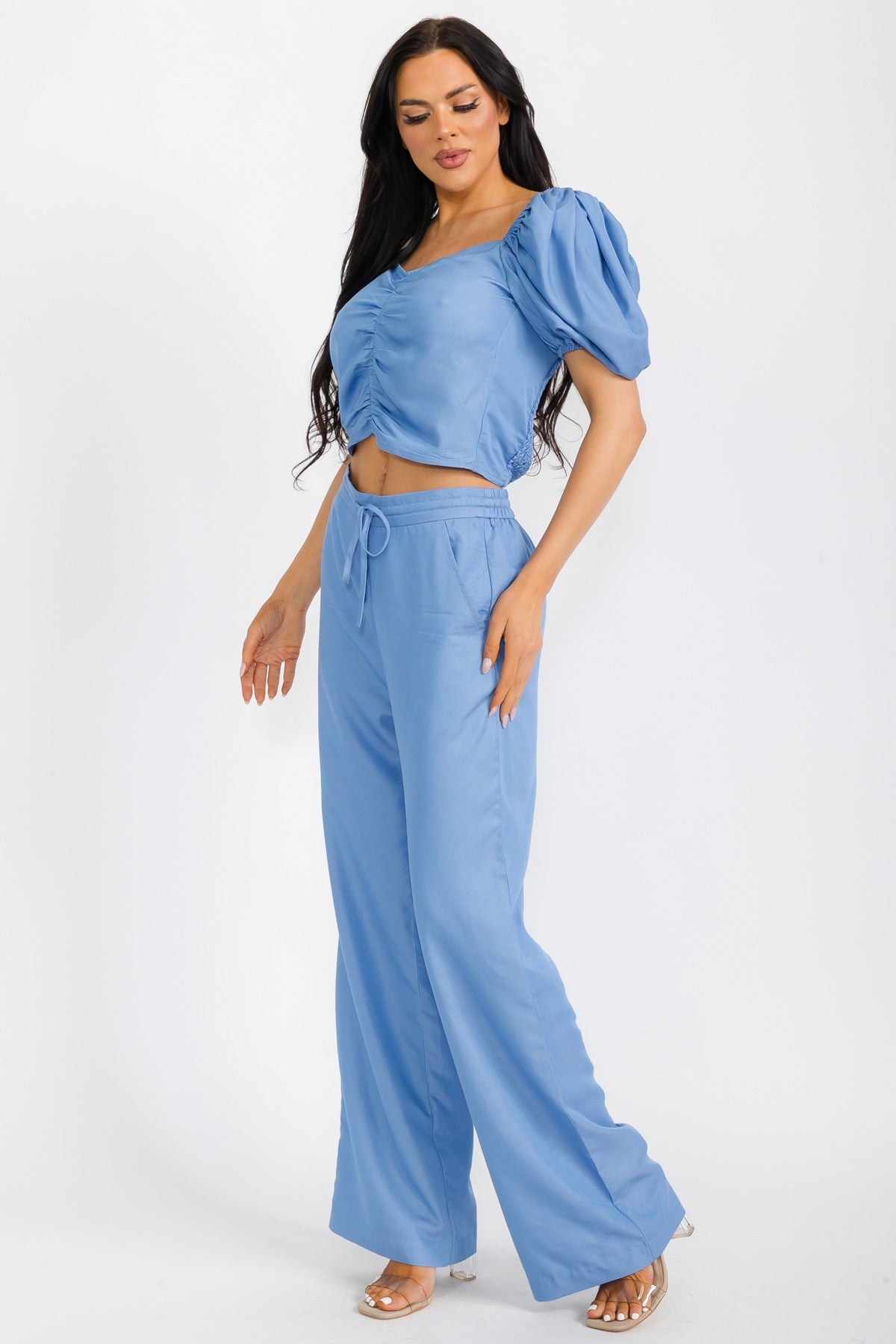 Denim Puffed Shoulder Top - HelenPam