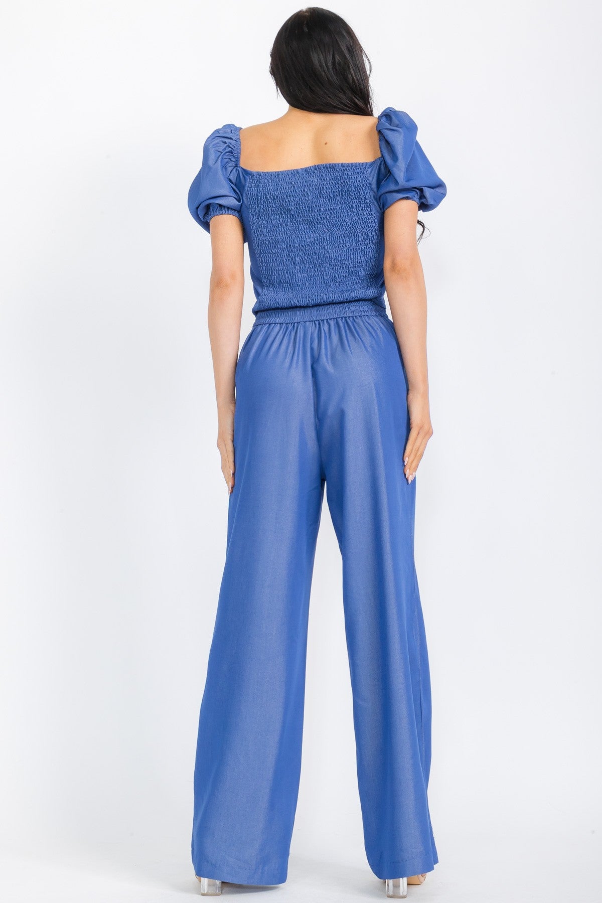 Denim Puffed Shoulder Top - HelenPam