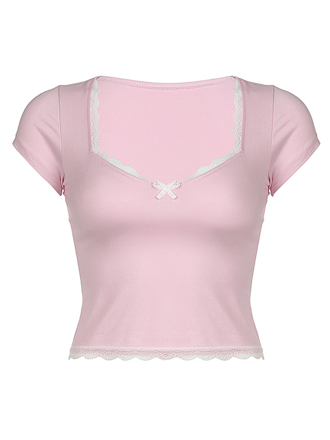 Lace Detail Sweetheart Neck Short Sleeve T-Shirt - HelenPam
