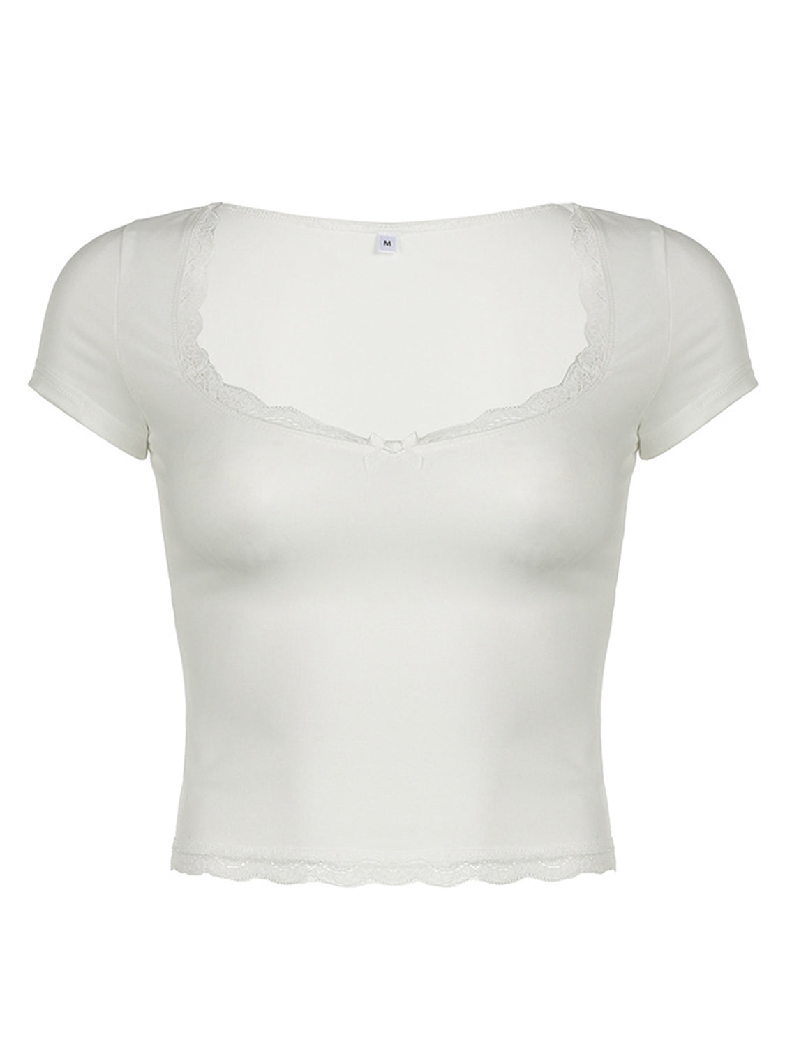 Lace Detail Sweetheart Neck Short Sleeve T-Shirt - HelenPam