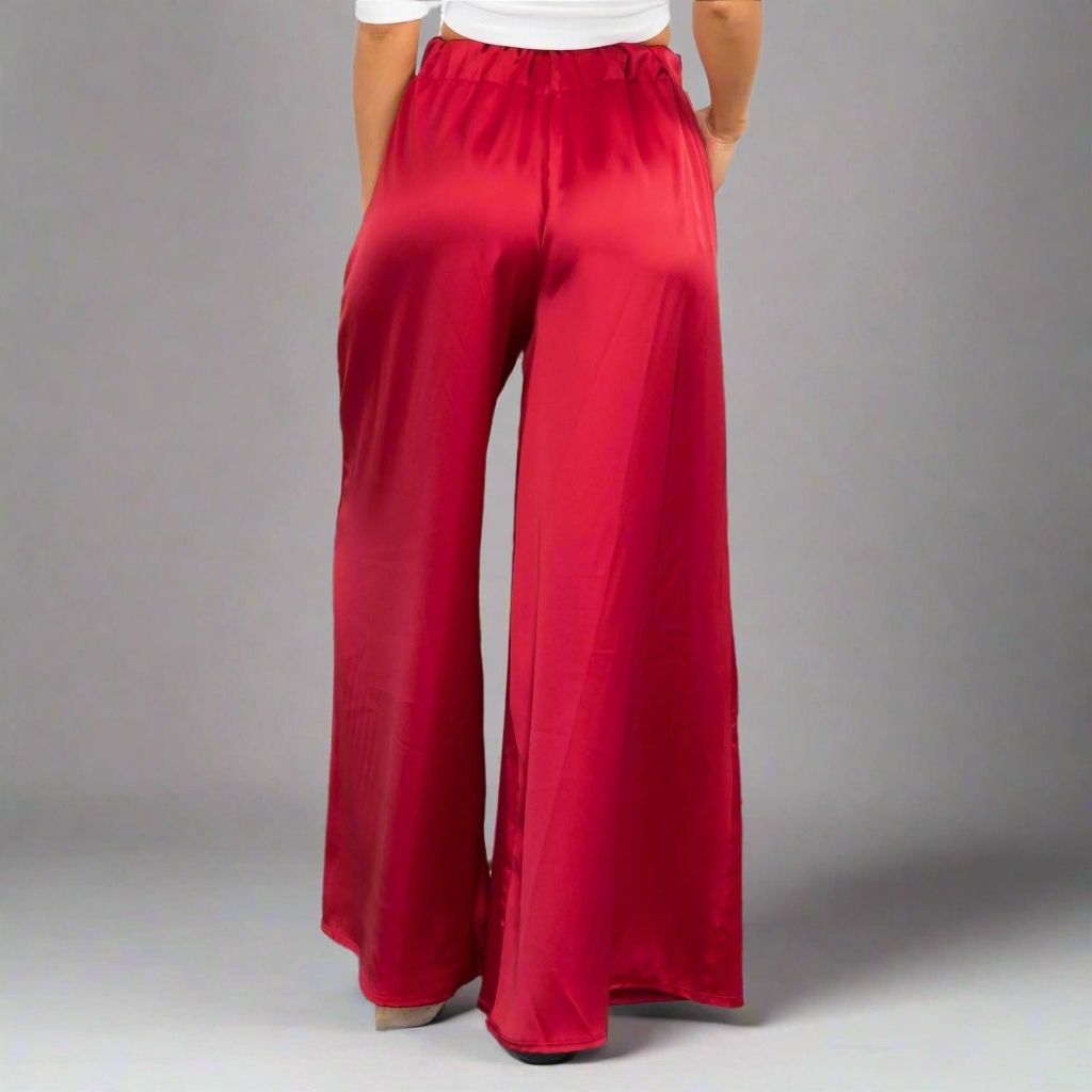 Satin Elastic Waist Wide-Leg Pants - HelenPam