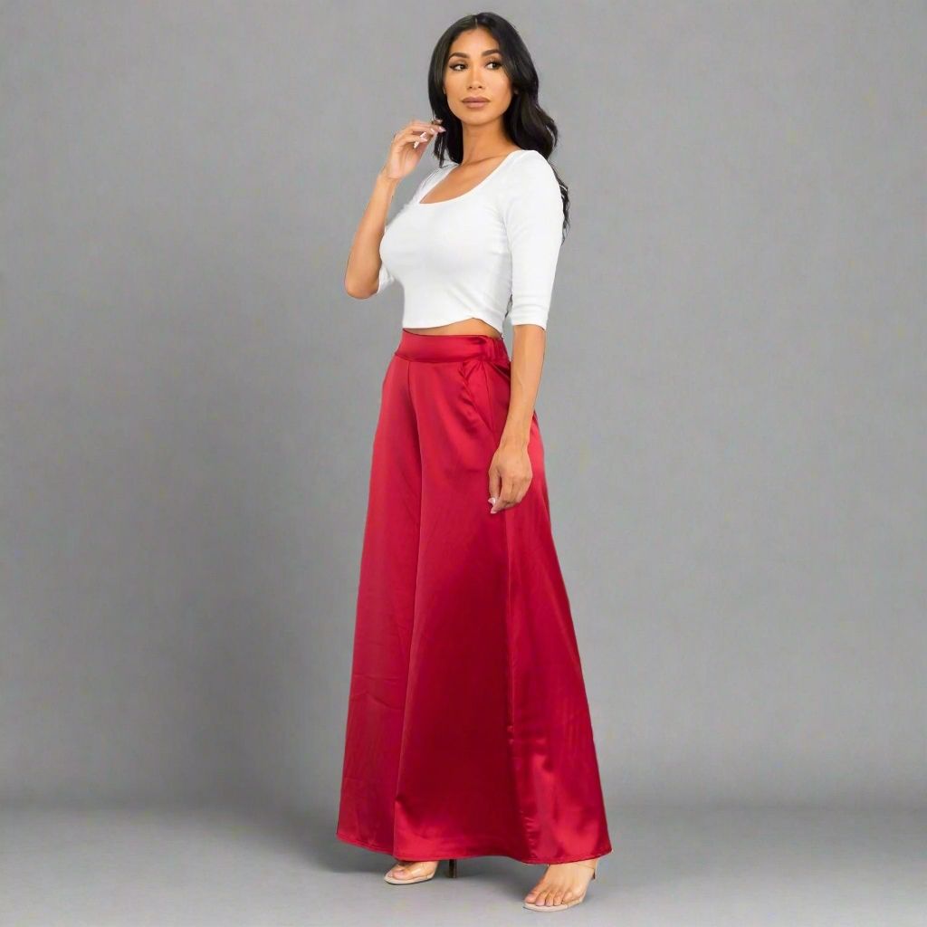 Satin Elastic Waist Wide-Leg Pants - HelenPam