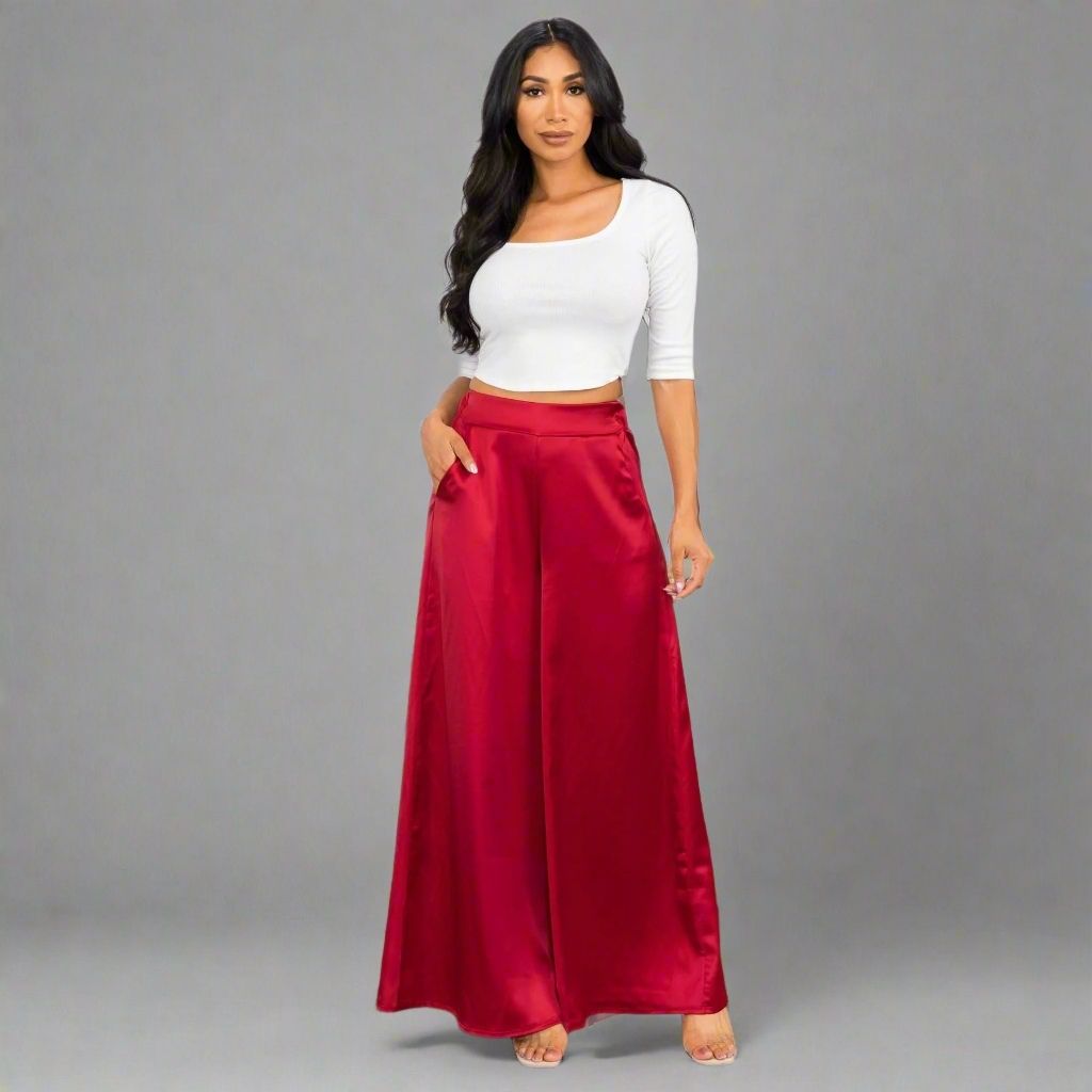Satin Elastic Waist Wide-Leg Pants - HelenPam