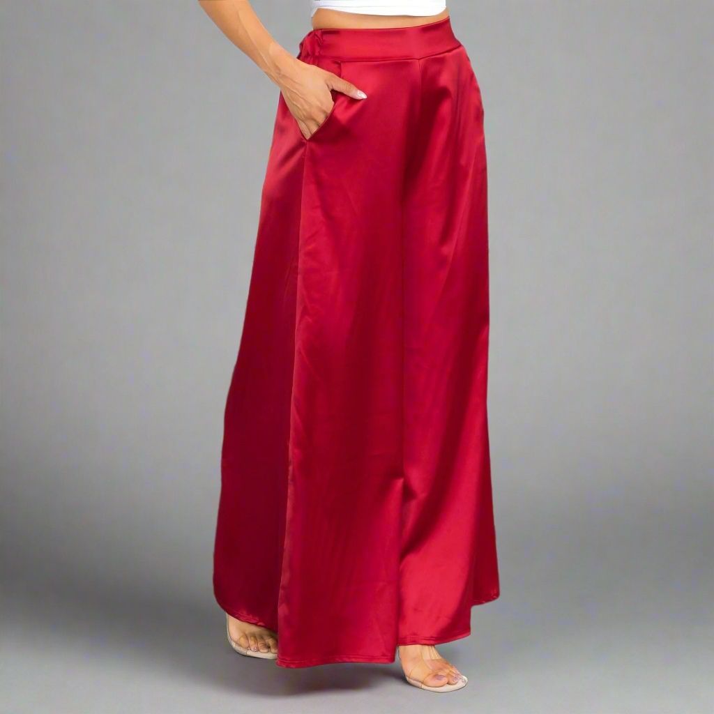 Satin Elastic Waist Wide-Leg Pants - HelenPam