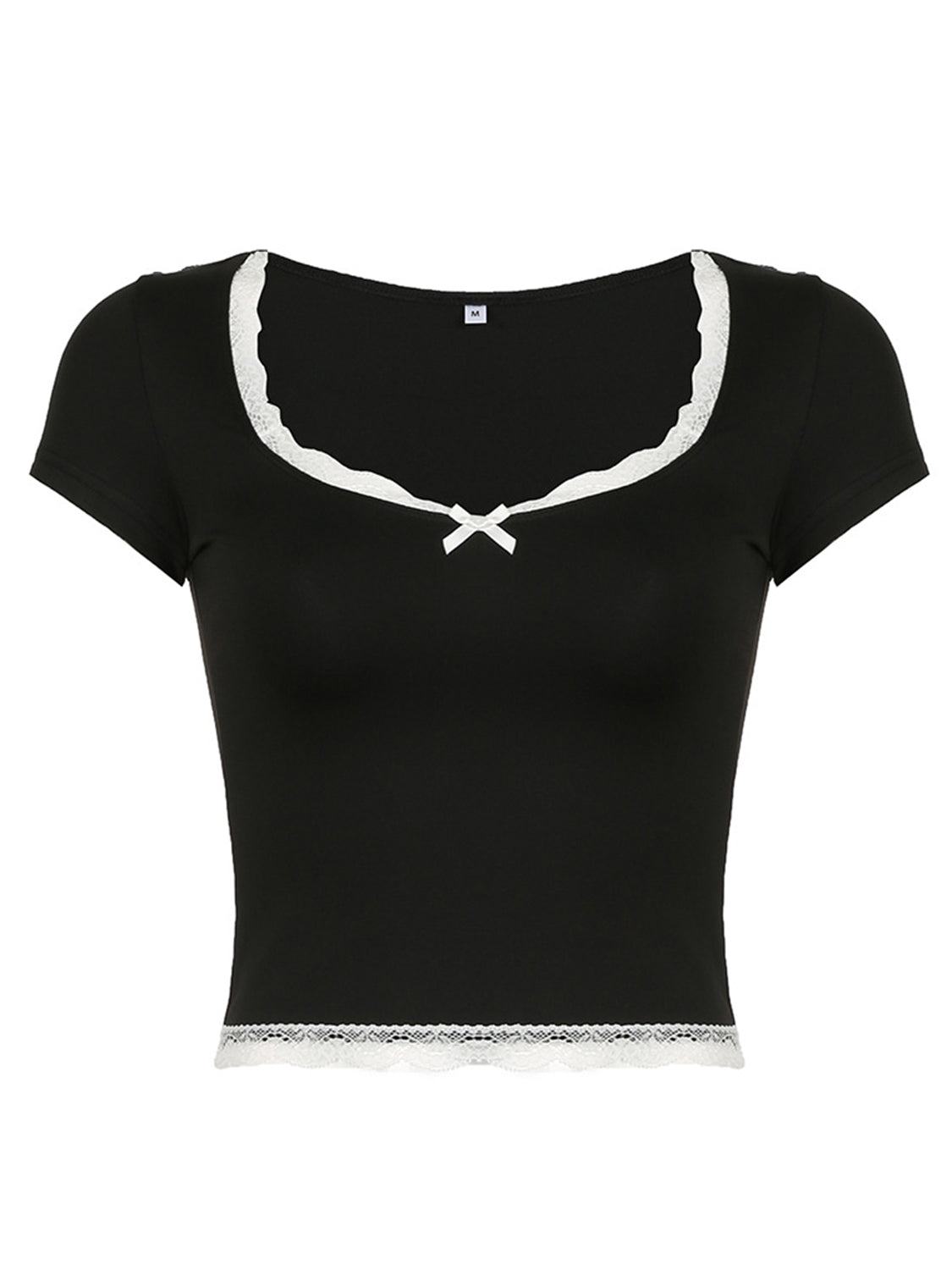 Lace Detail Sweetheart Neck Short Sleeve T-Shirt - HelenPam