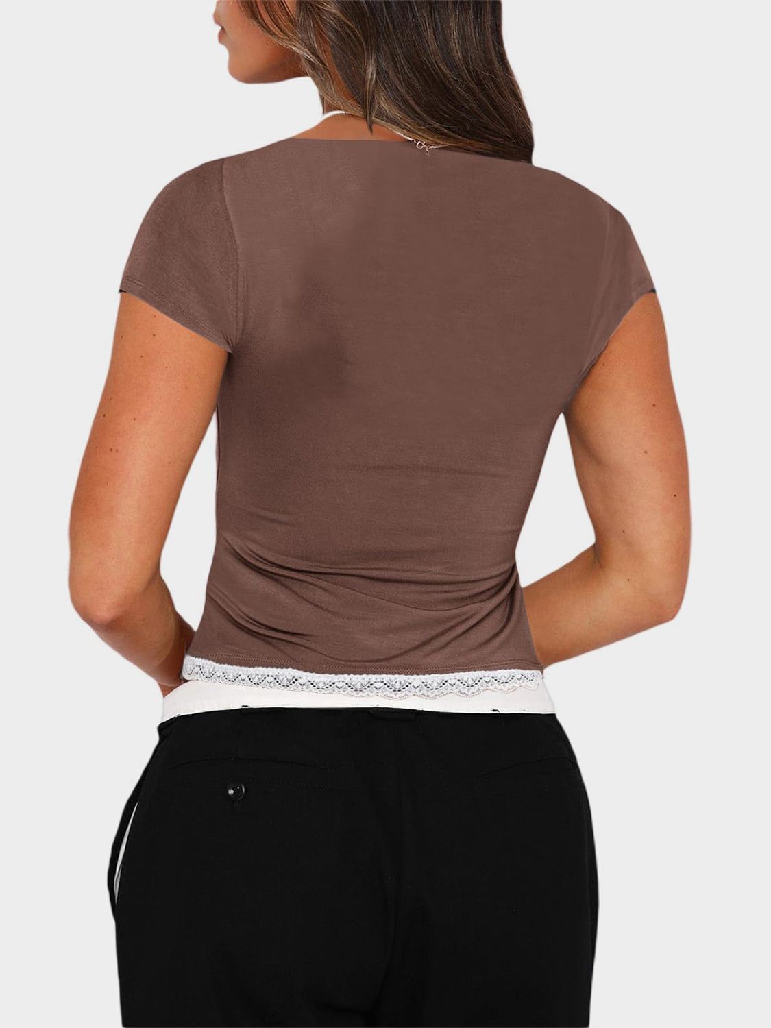 Lace Detail Sweetheart Neck Short Sleeve T-Shirt - HelenPam