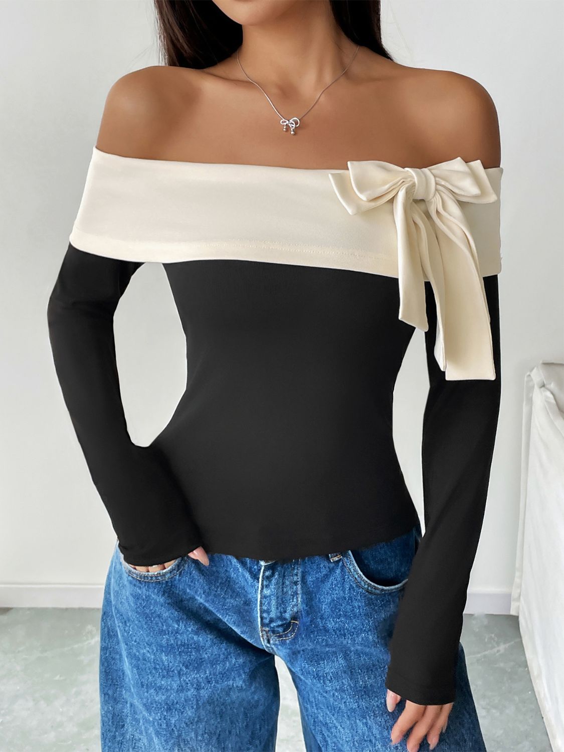 Perfee Bow Contrast Off-Shoulder Long Sleeve Top - HelenPam