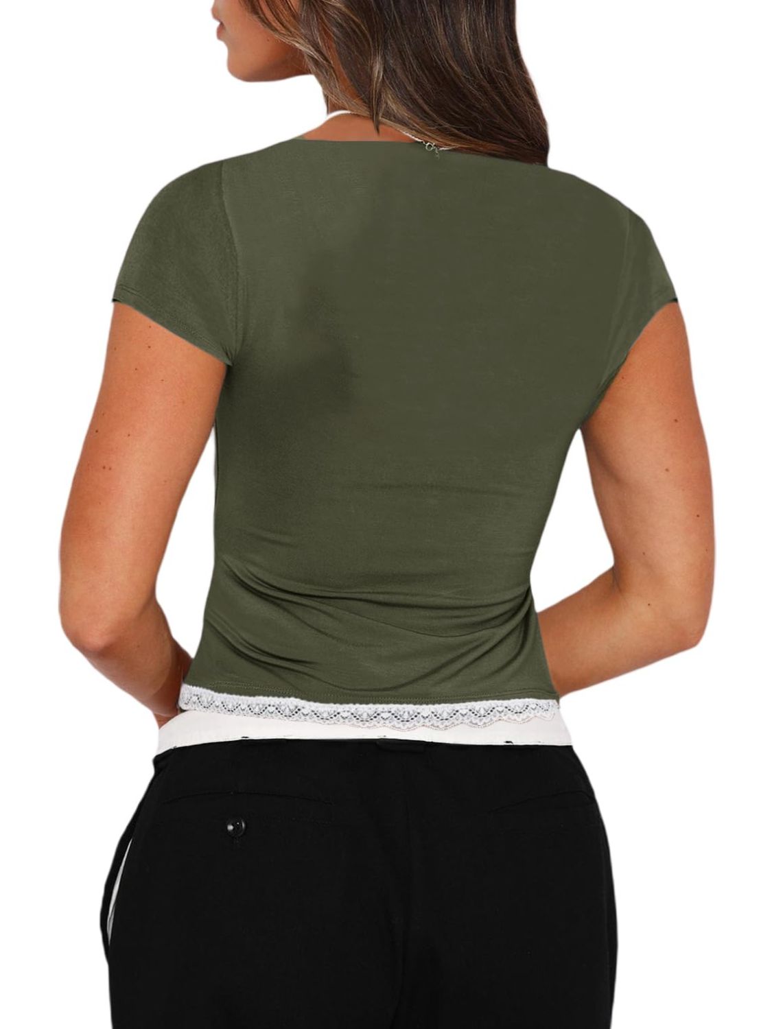 Lace Detail Sweetheart Neck Short Sleeve T-Shirt - HelenPam