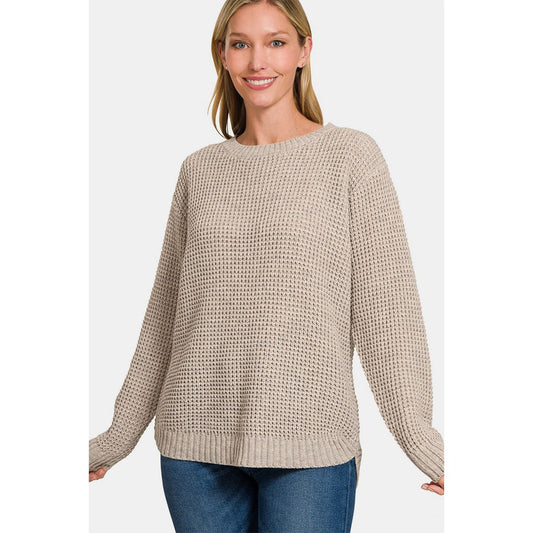 High Low Long Sleeve Waffle Sweater