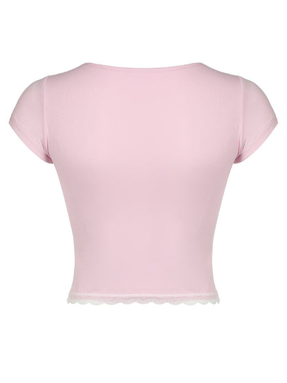 Lace Detail Sweetheart Neck Short Sleeve T-Shirt - HelenPam