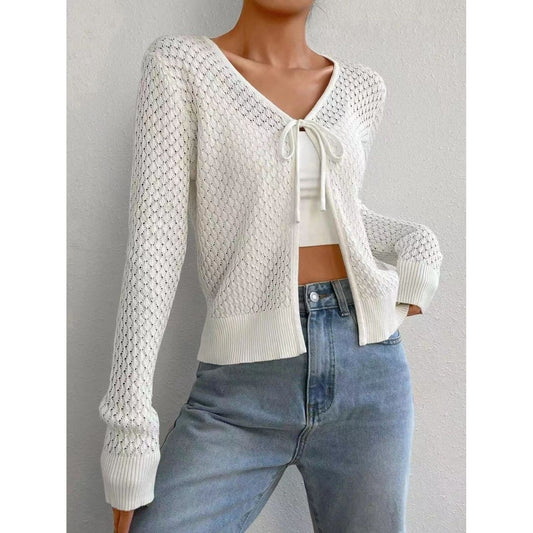 Tied Openwork V-Neck Long Sleeve Cardigan