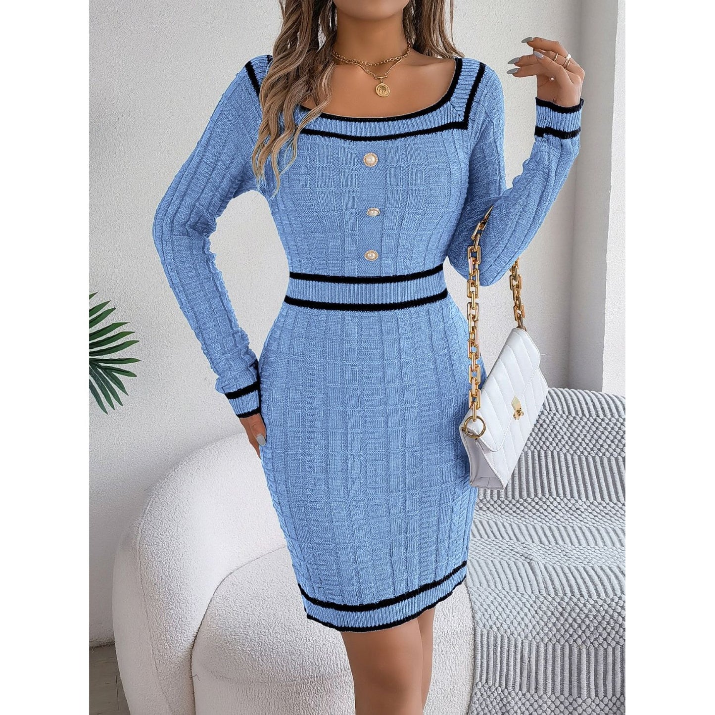 Contrast Trim Long Sleeve Sweater Dress