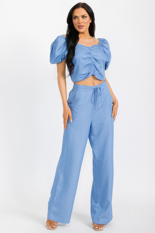 Denim Puffed Shoulder Top - HelenPam