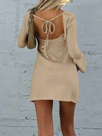 Backless Round Neck Long Sleeve Mini Dress