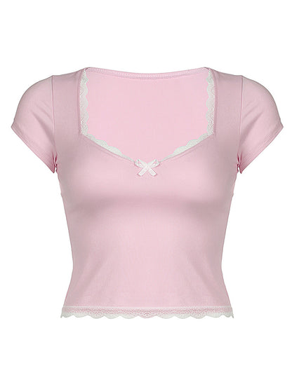 Lace Detail Sweetheart Neck Short Sleeve T-Shirt - HelenPam