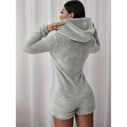 Furry Half Zip Long Sleeve Hooded Bodysuit