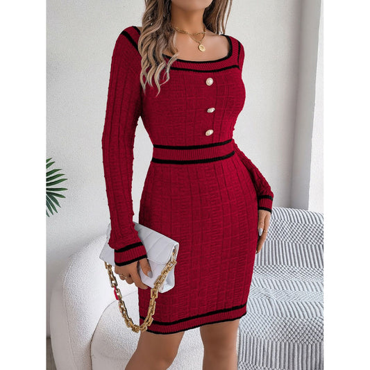 Contrast Trim Long Sleeve Sweater Dress