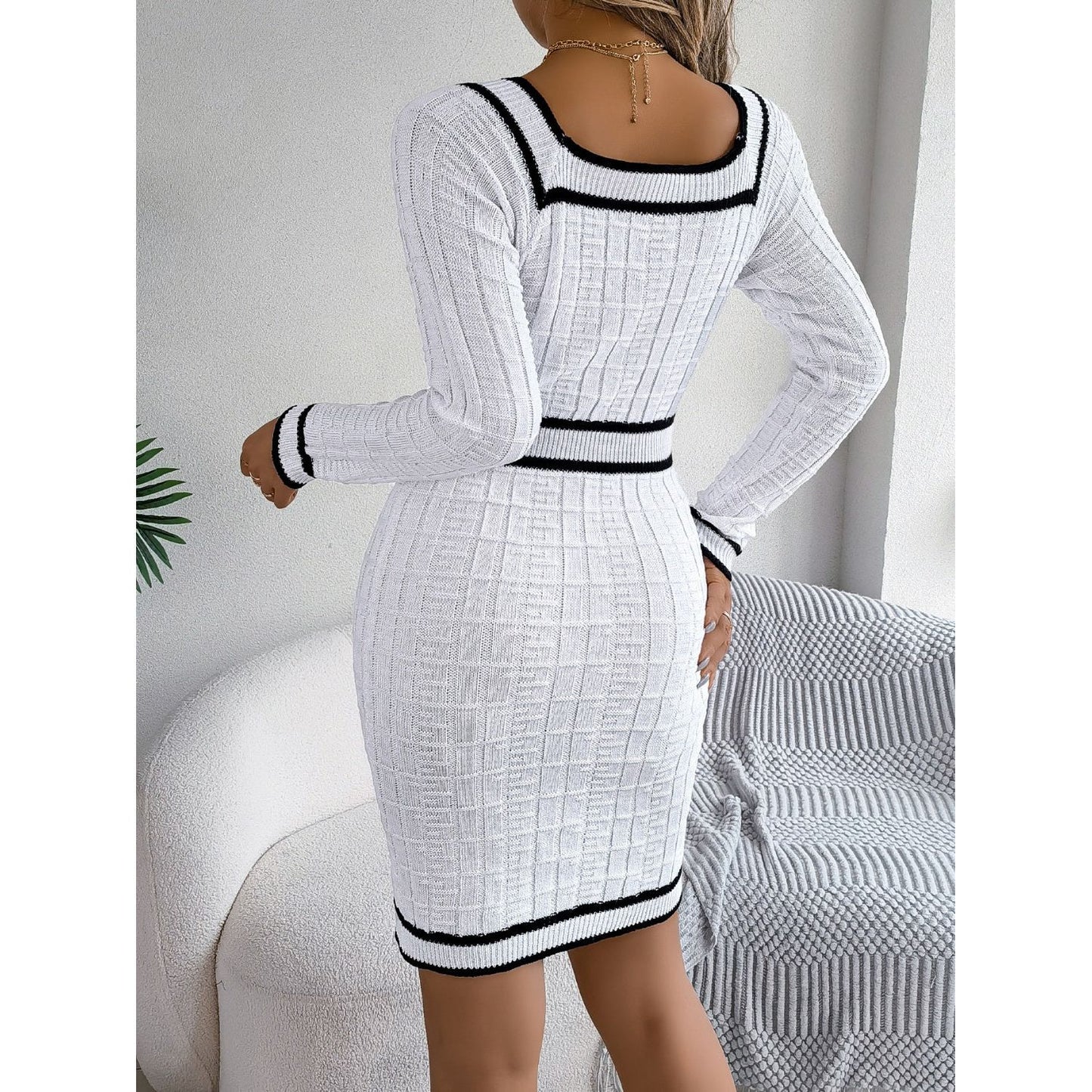 Contrast Trim Long Sleeve Sweater Dress