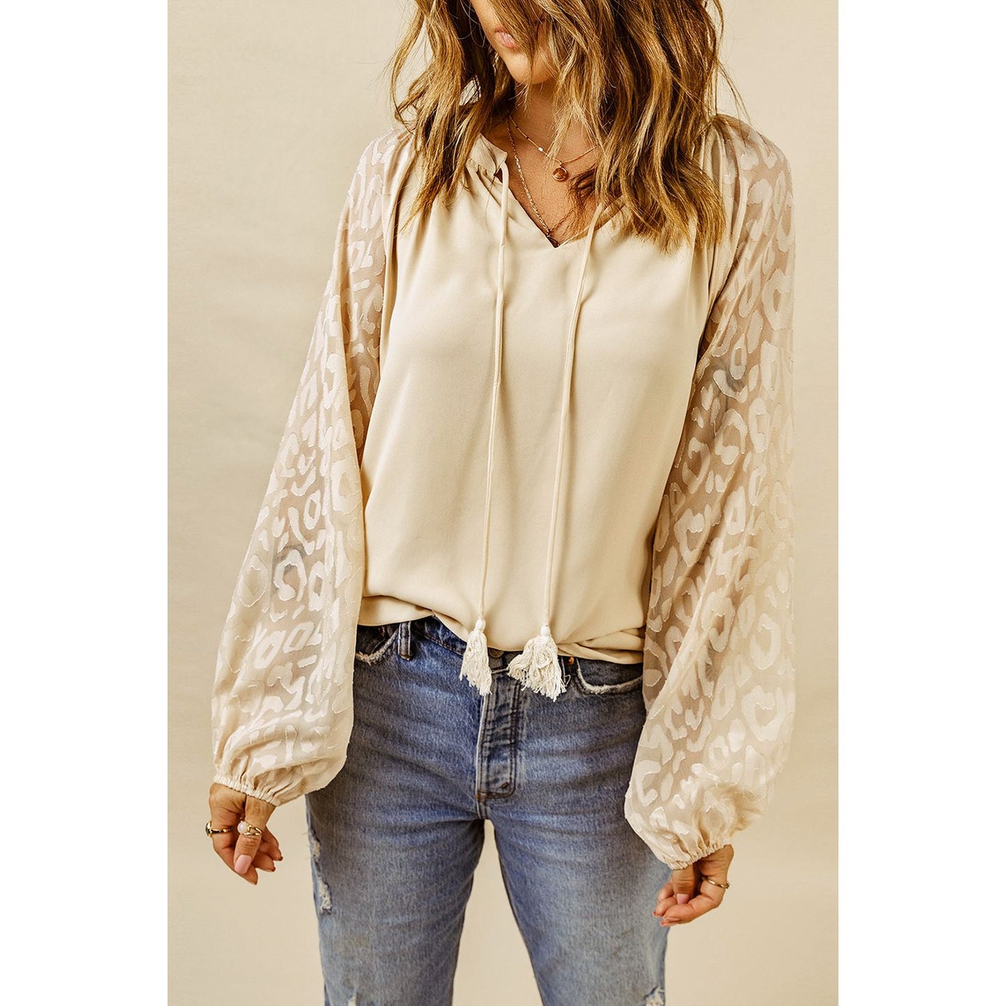 Tassel Tie Neck Long Sleeve Blouse