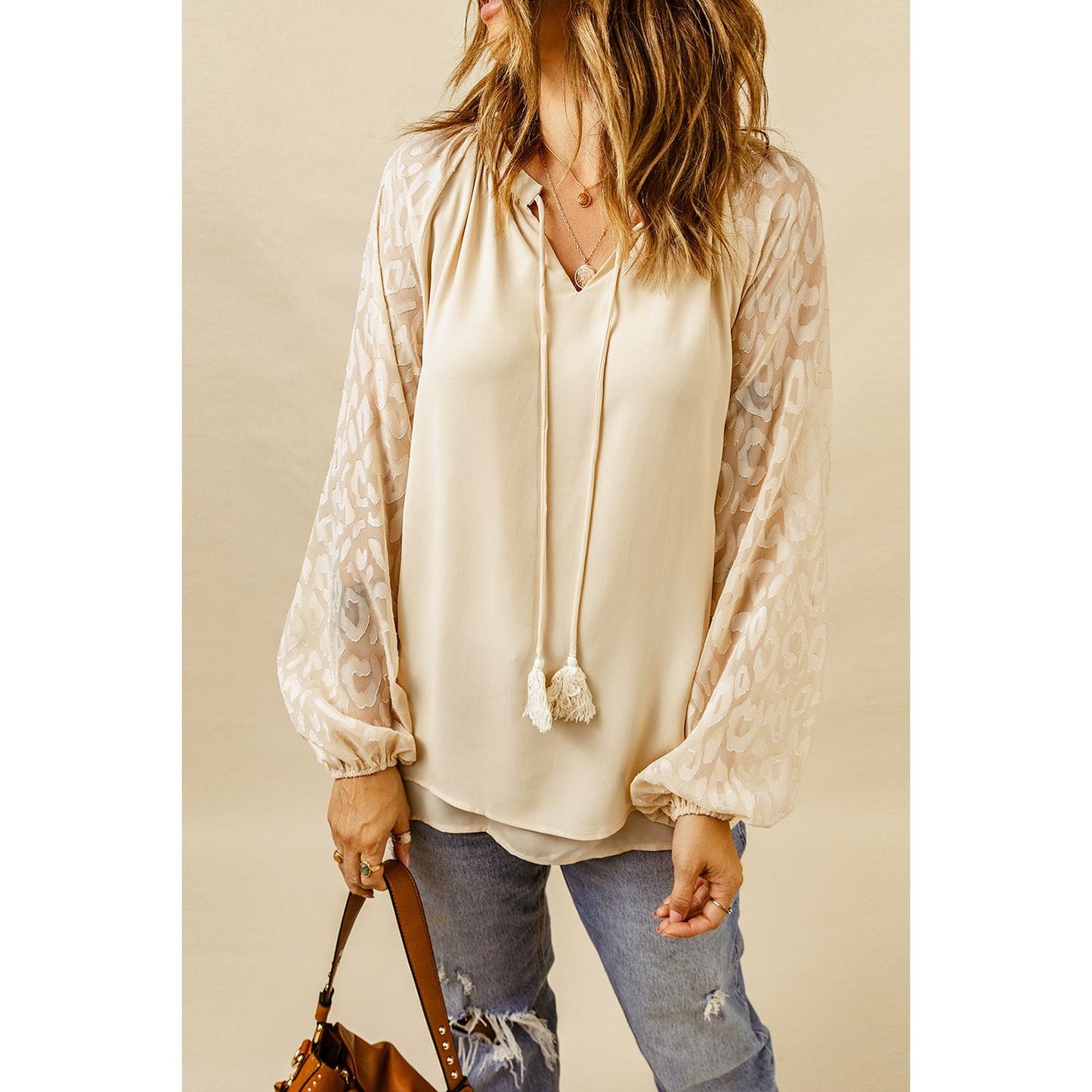 Tassel Tie Neck Long Sleeve Blouse