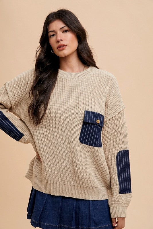 Contrast Round Neck with Patch Pocket Sweater