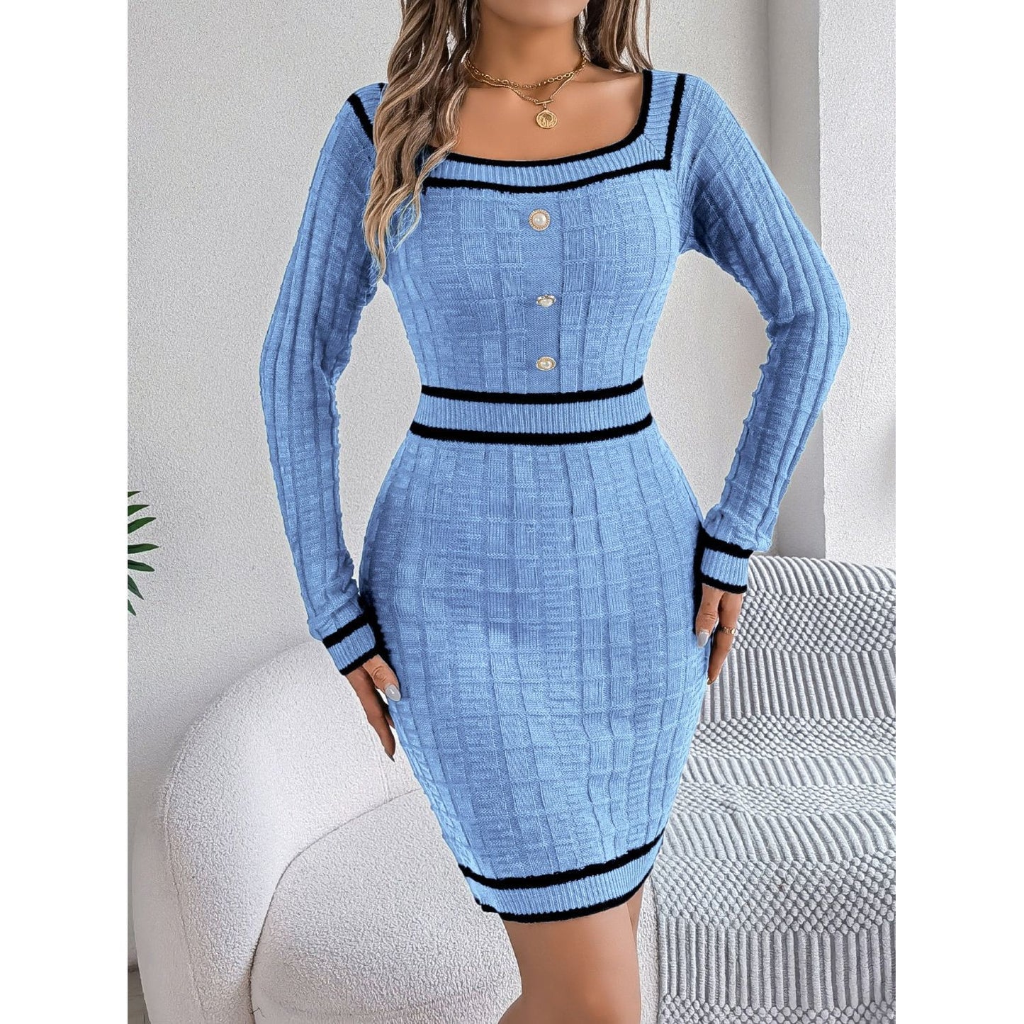 Contrast Trim Long Sleeve Sweater Dress