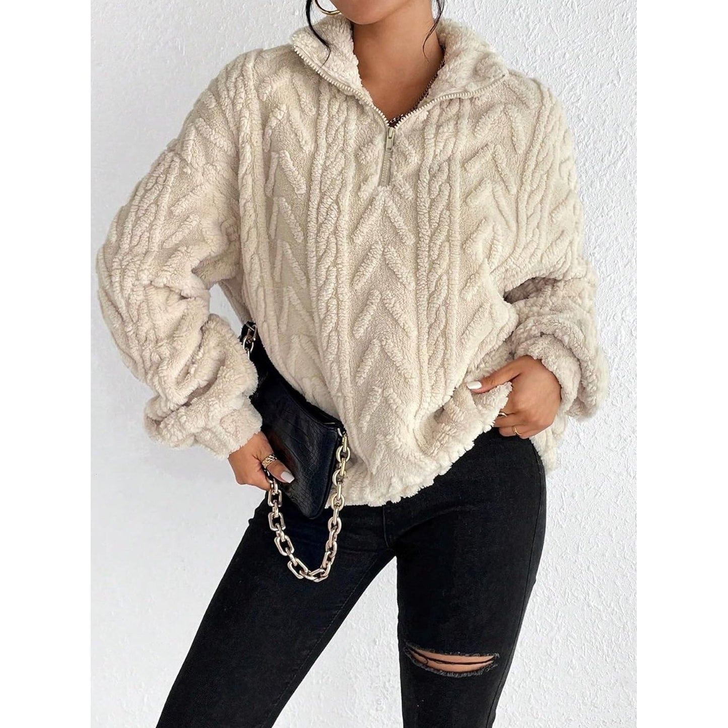 Fuzzy Quarter Zip Long Sleeve Sweatshirt