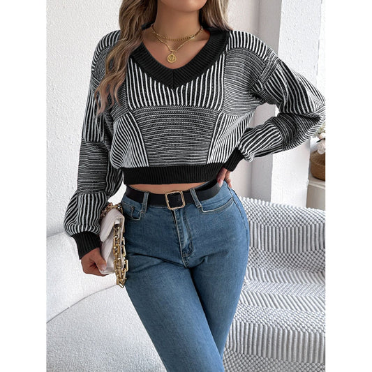 Striped V-Neck Long Sleeve Sweater