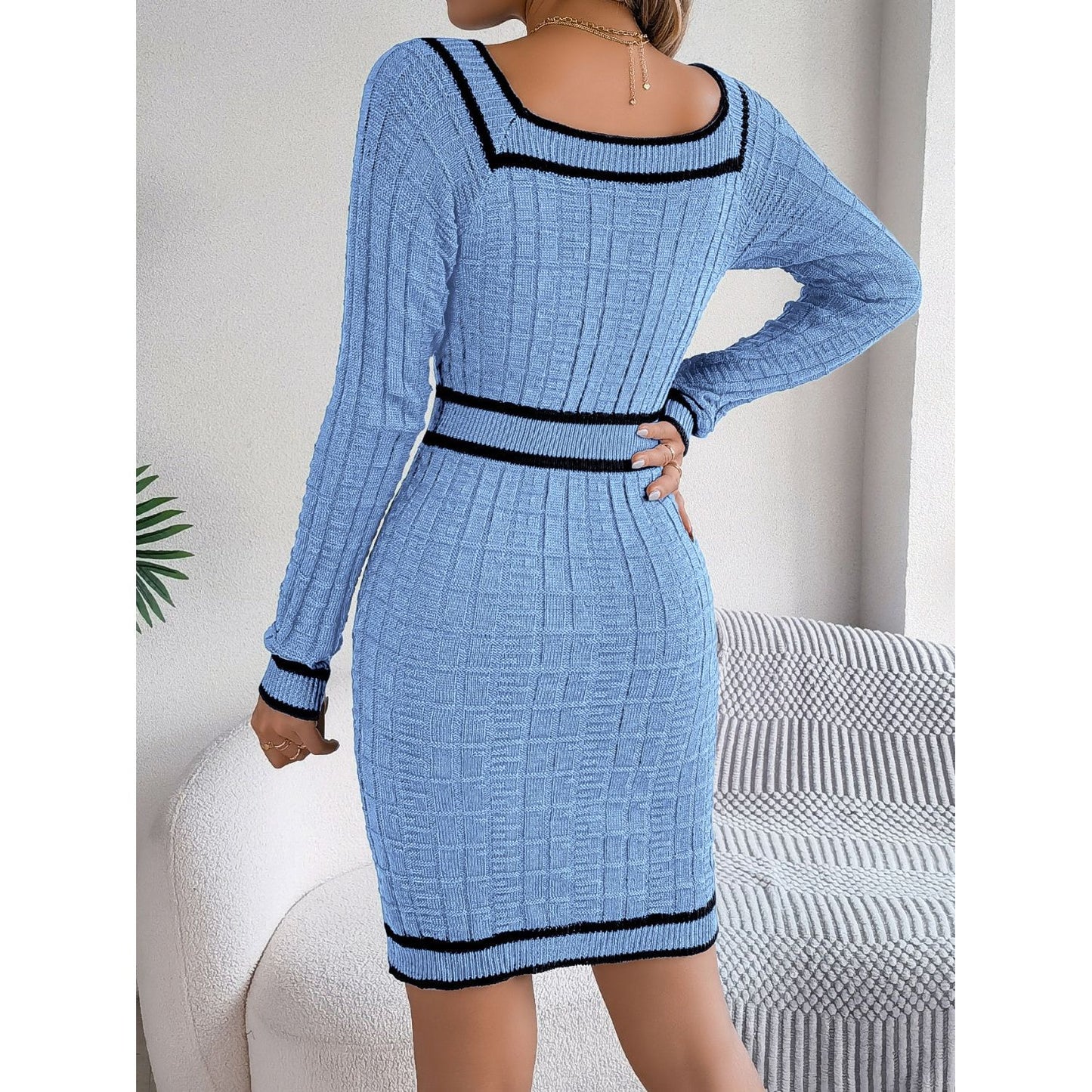 Contrast Trim Long Sleeve Sweater Dress