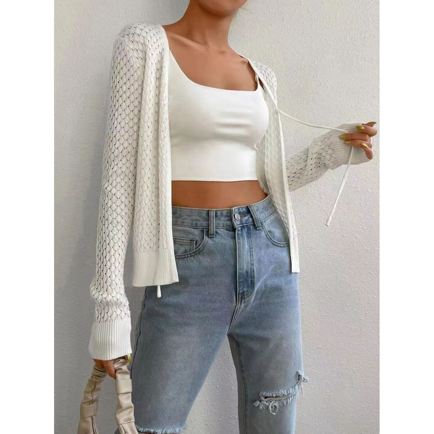 Tied Openwork V-Neck Long Sleeve Cardigan