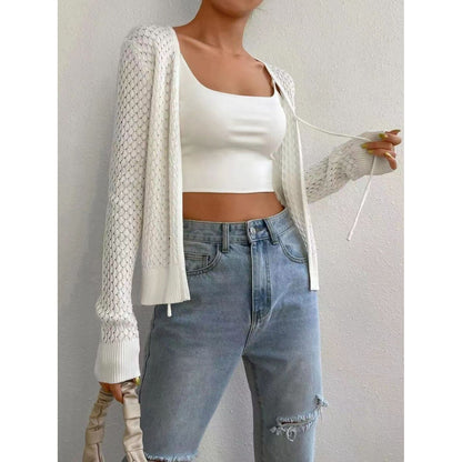 Tied Openwork V-Neck Long Sleeve Cardigan