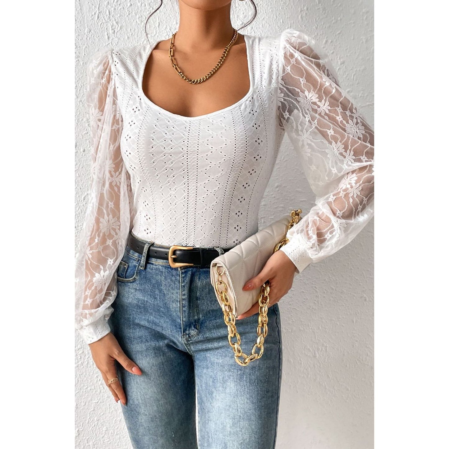 Eyelet Lace Long Sleeve Bodysuit