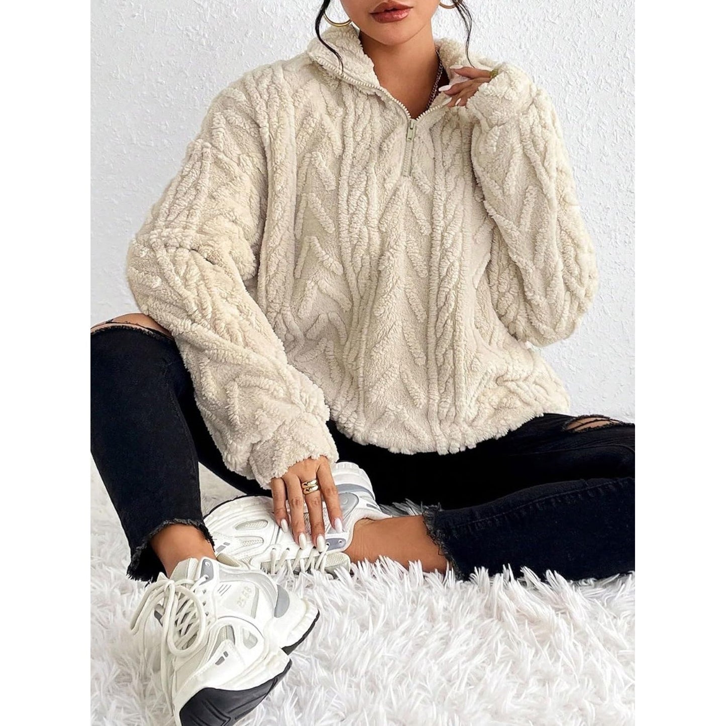 Fuzzy Quarter Zip Long Sleeve Sweatshirt