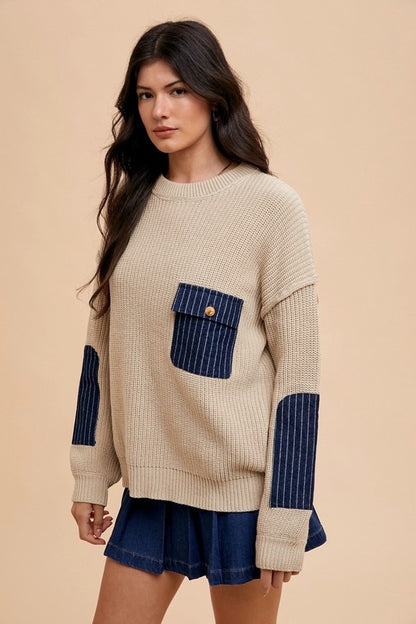 Contrast Round Neck with Patch Pocket Sweater