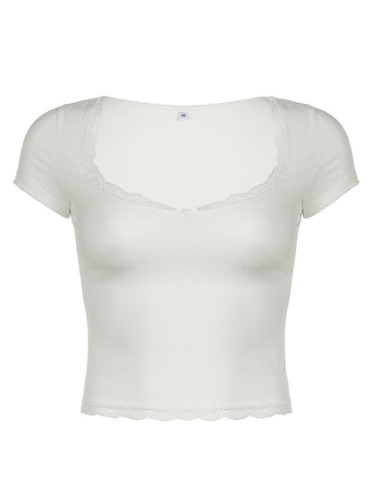 Lace Detail Sweetheart Neck Short Sleeve T-Shirt - HelenPam
