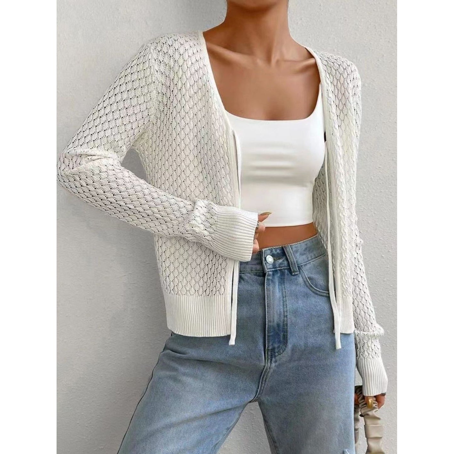 Tied Openwork V-Neck Long Sleeve Cardigan