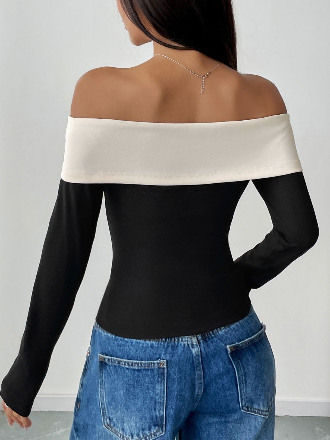 Perfee Bow Contrast Off-Shoulder Long Sleeve Top