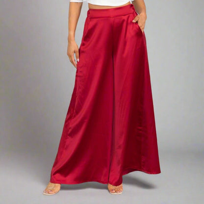 Satin Elastic Waist Wide-Leg Pants