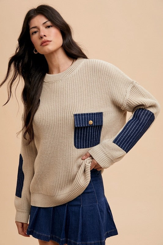 Contrast Round Neck with Patch Pocket Sweater