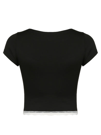 Lace Detail Sweetheart Neck Short Sleeve T-Shirt - HelenPam