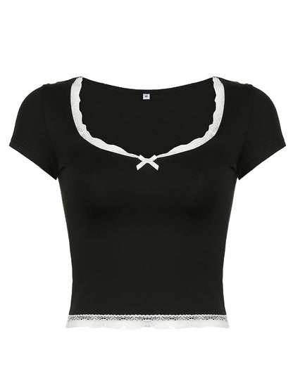 Lace Detail Sweetheart Neck Short Sleeve T-Shirt - HelenPam
