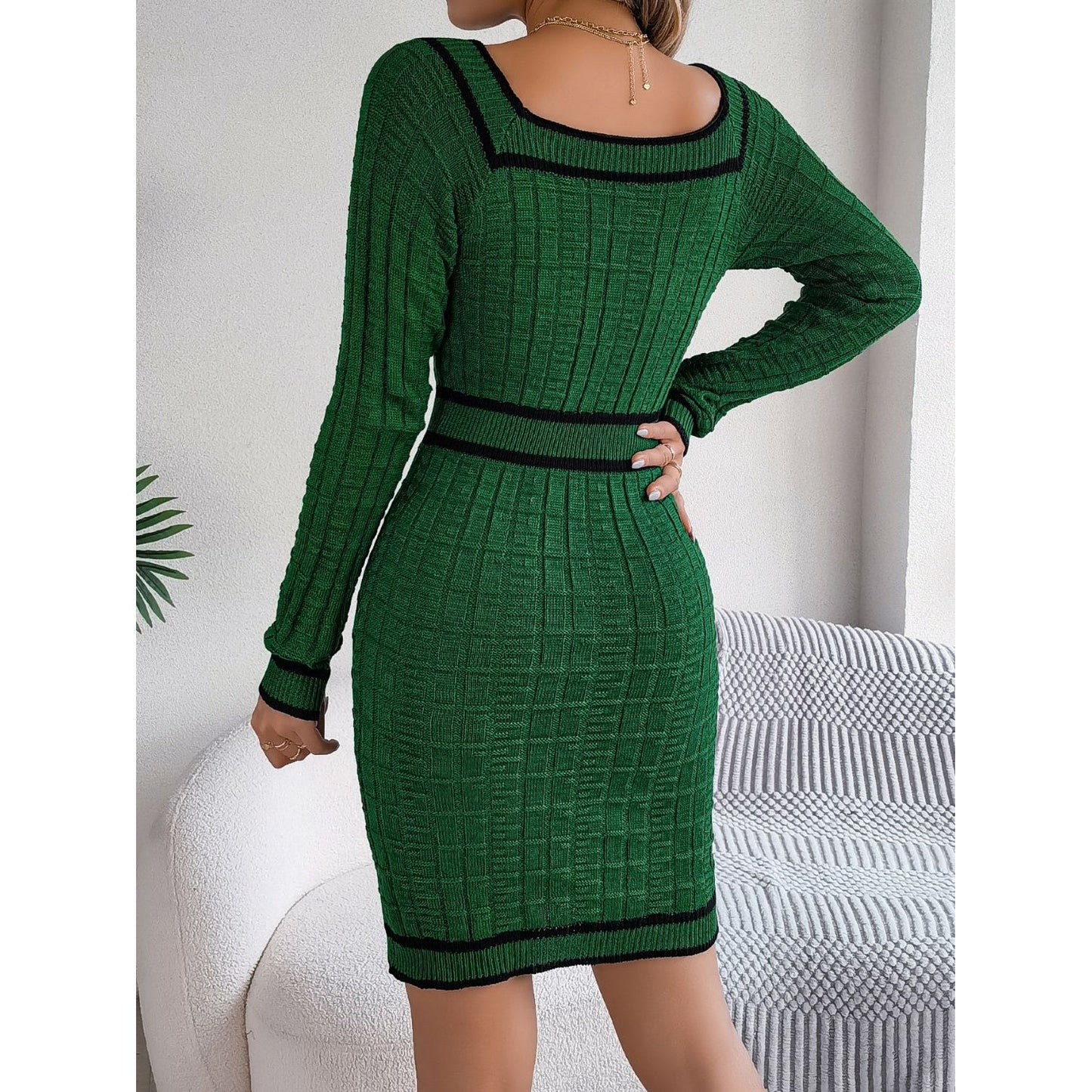 Contrast Trim Long Sleeve Sweater Dress