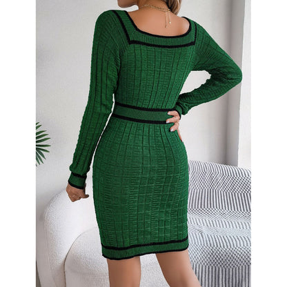 Contrast Trim Long Sleeve Sweater Dress