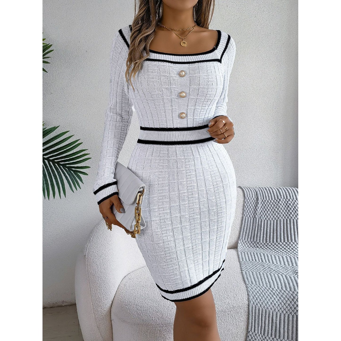 Contrast Trim Long Sleeve Sweater Dress