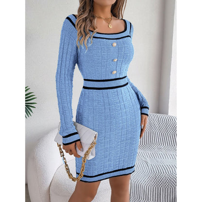 Contrast Trim Long Sleeve Sweater Dress