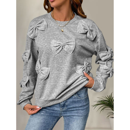 Perfee Bow Round Neck Long Sleeve Sweatshirt